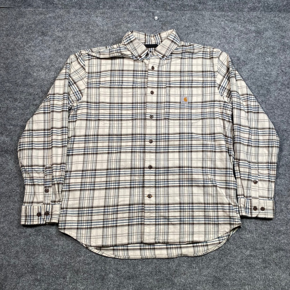 Carhartt Mens Relaxed Fit Plaid Flannel Shirt Cream Blue TW4448-M Large